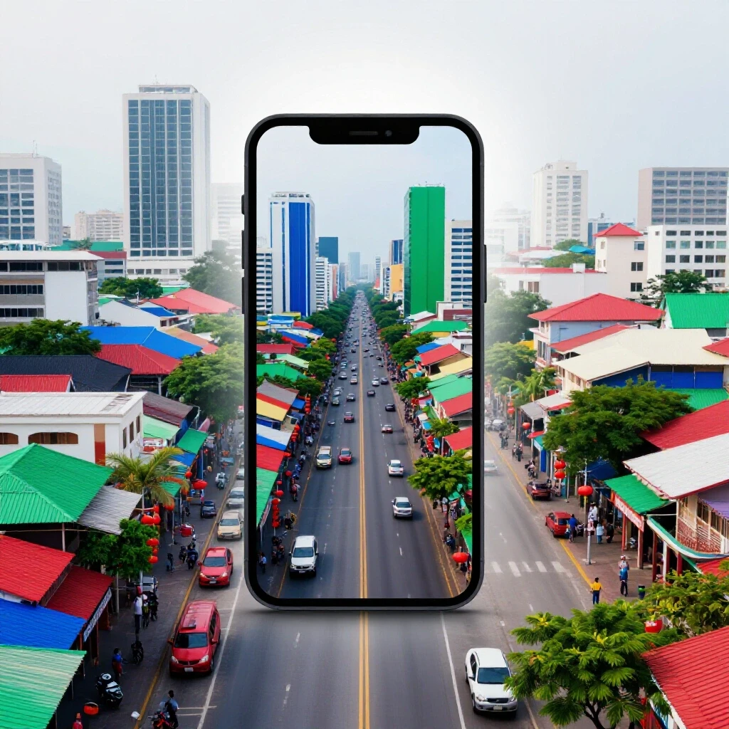 A vibrant split image of a Philippine cityscape beside a glowing smartphone showcasing dynamic ad visuals, symbolizing digital marketing.