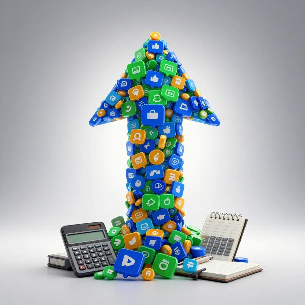 A vibrant arrow of social media icons rising from traditional business tools in a bright studio setting, symbolizing digital marketing growth.