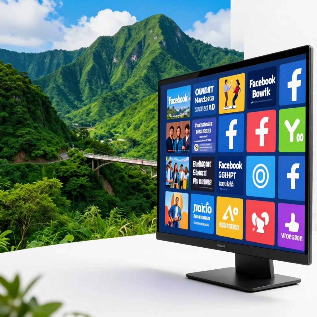 A split image showing a vibrant Philippine landscape and a digital screen with ads, connected by a bridge.