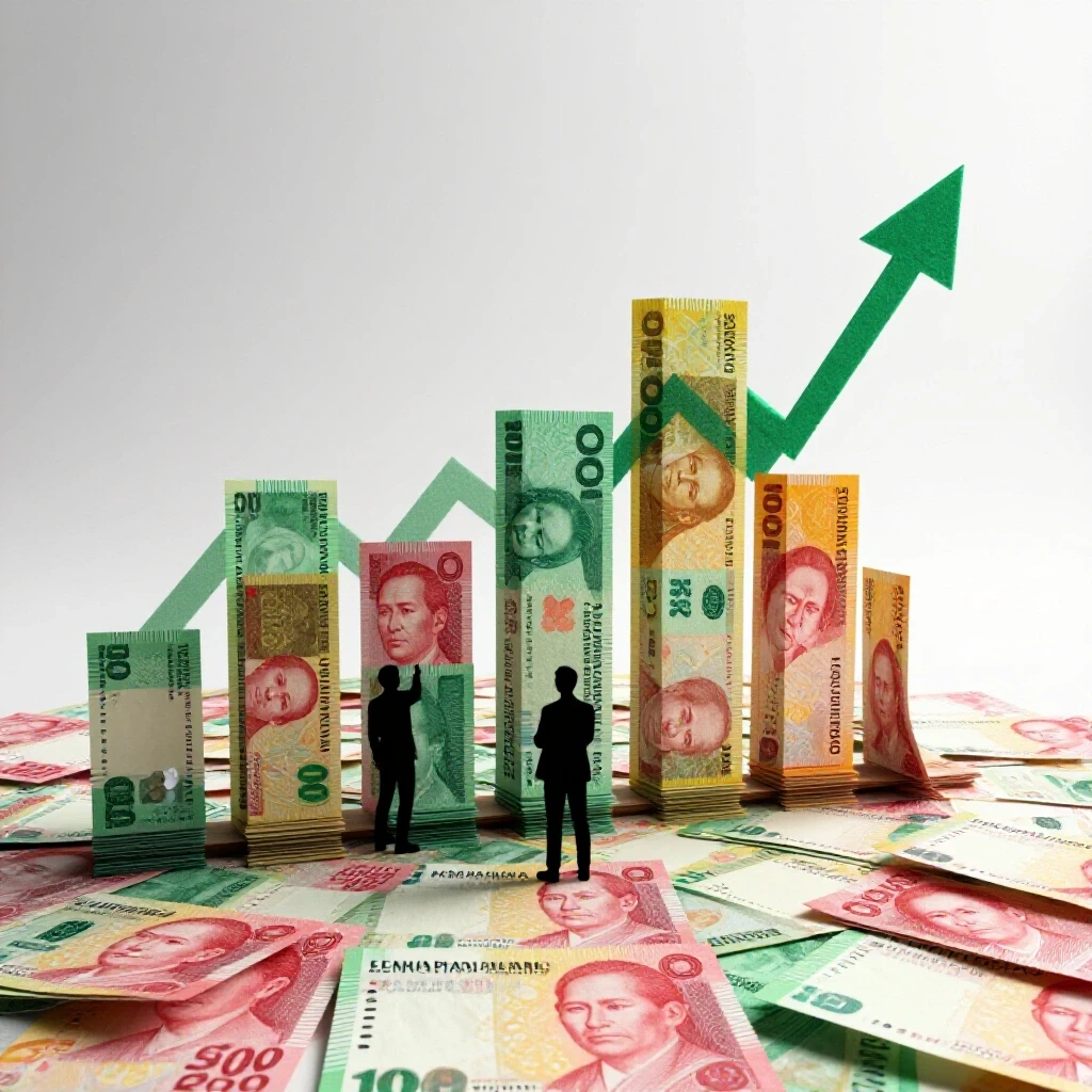 A vibrant 3D-rendered graph made of Philippine currency notes representing growth, with a silhouette analyzing it.