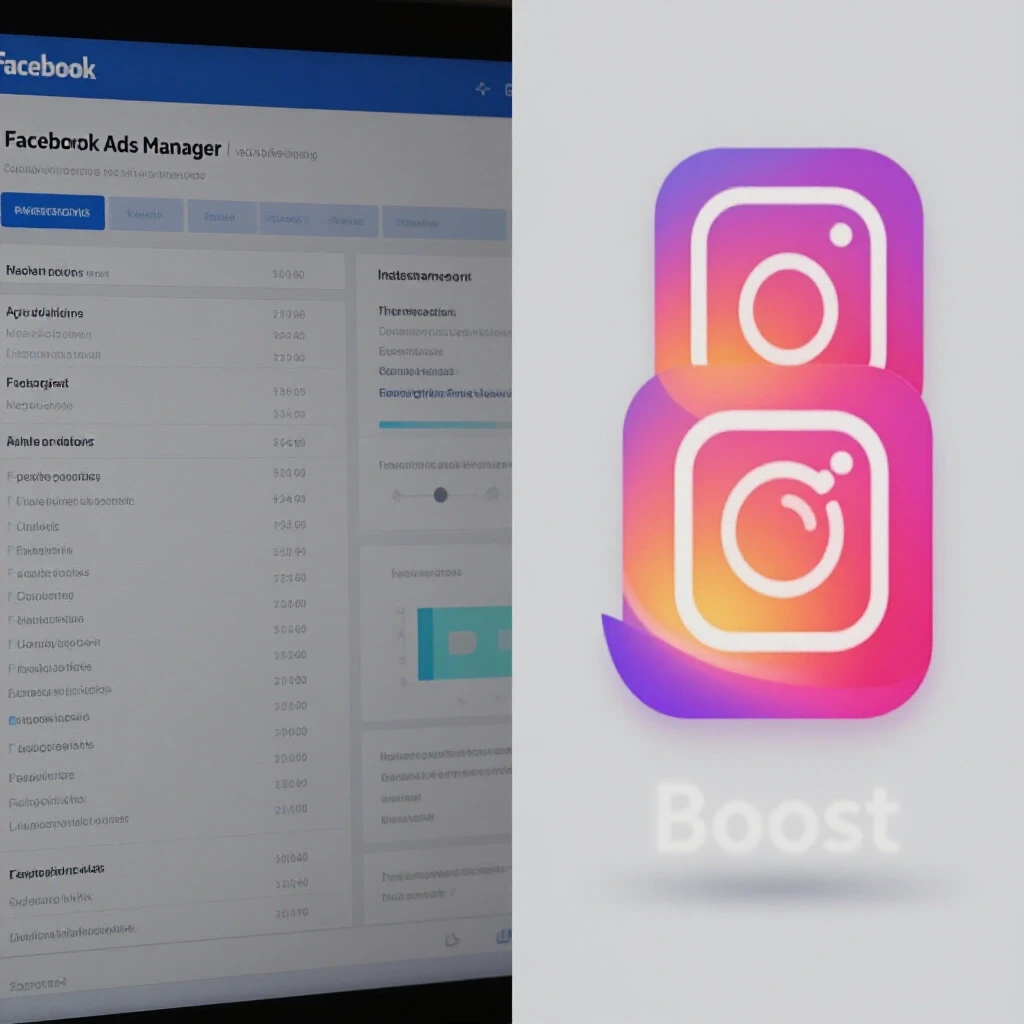 Split image showing Facebook Ads Manager on the left and a vibrant Instagram Boost button on the right, illustrating social media marketing dynamics.
