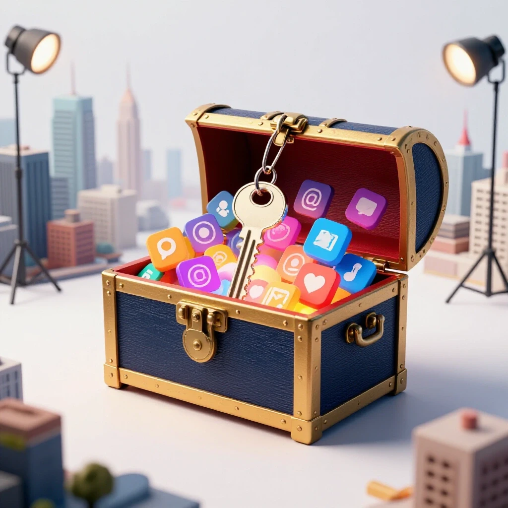 A vibrant key unlocking a glowing treasure chest filled with social media icons against a Philippine cityscape backdrop.