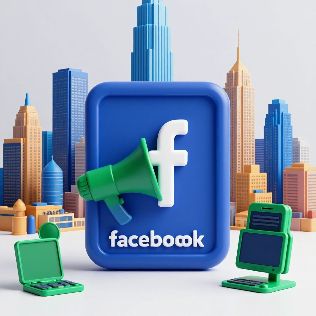 A stylized Facebook ad frame surrounded by modern devices and a city skyline, symbolizing marketing evolution.