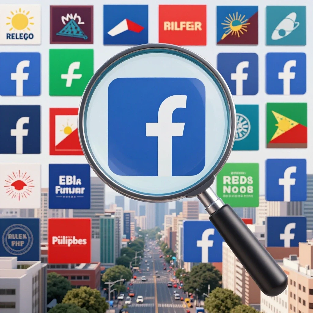 A vivid magnifying glass examining a colorful collection of Facebook ads to represent Filipino businesses' advertising strategies.