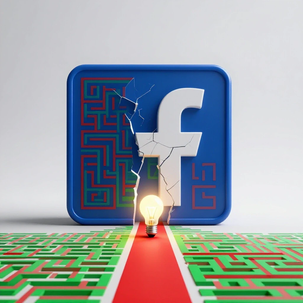 A large broken Facebook logo with a maze pattern leading to a glowing light bulb, set against a bright background.
