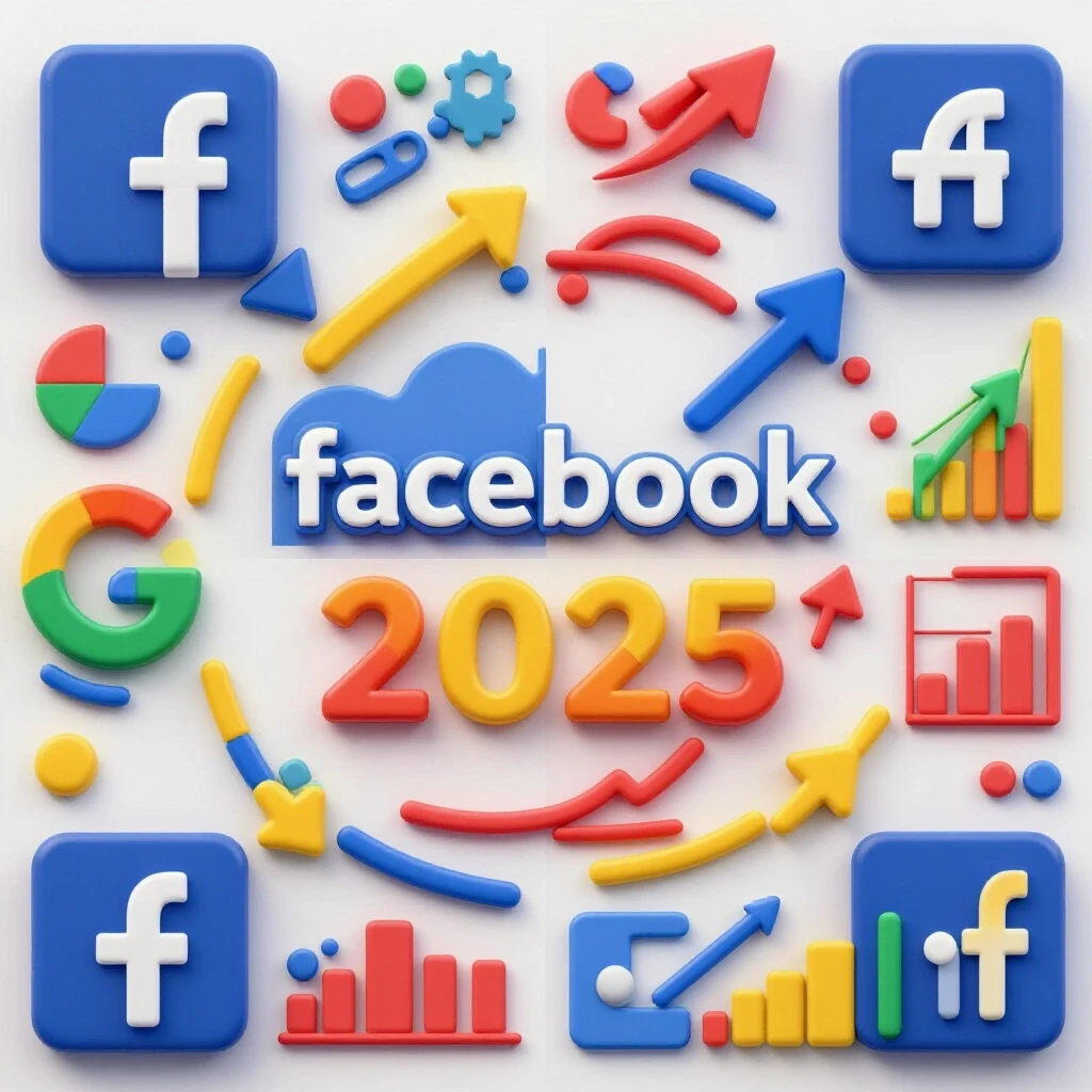 A split image illustrating the contrasting colors of Facebook and Google Ads with dynamic arrows and abstract shapes representing growth trends.