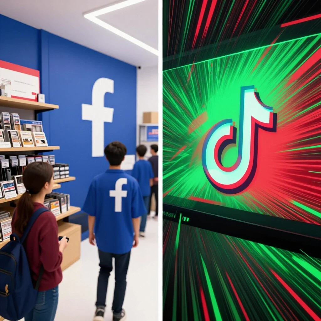 A visually striking split-image showing a Facebook marketplace on one side and a TikTok video feed on the other, symbolizing competition.