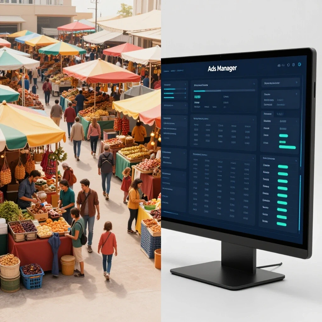 A dynamic split-image showcasing a vibrant marketplace representing FB Boost and a sleek Ads Manager dashboard for Filipino businesses.