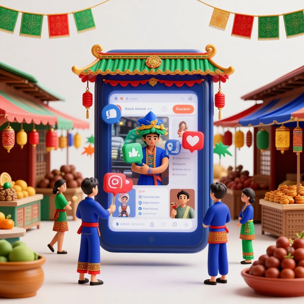 A colorful visual merging traditional Filipino marketplace with digital social media ads, symbolizing modern marketing.