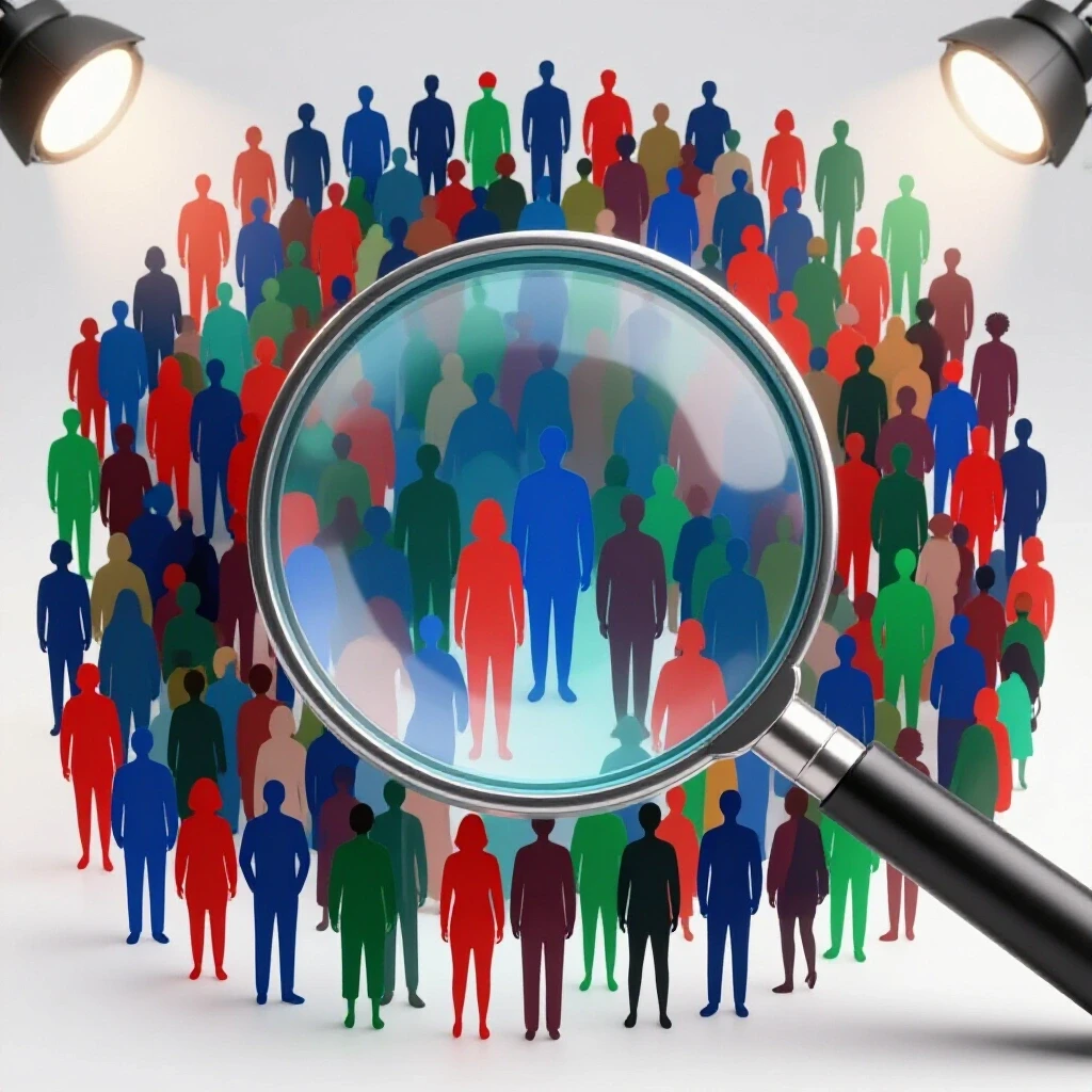 A vibrant and diverse crowd depicted as colorful silhouettes under a magnifying glass, symbolizing high-intent audiences.