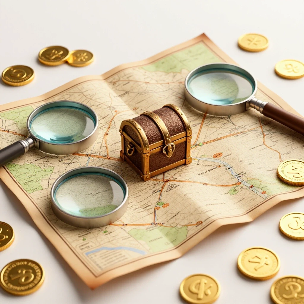 A treasure map with a magnifying glass and gold coins representing insights from Facebook Ads Manager.