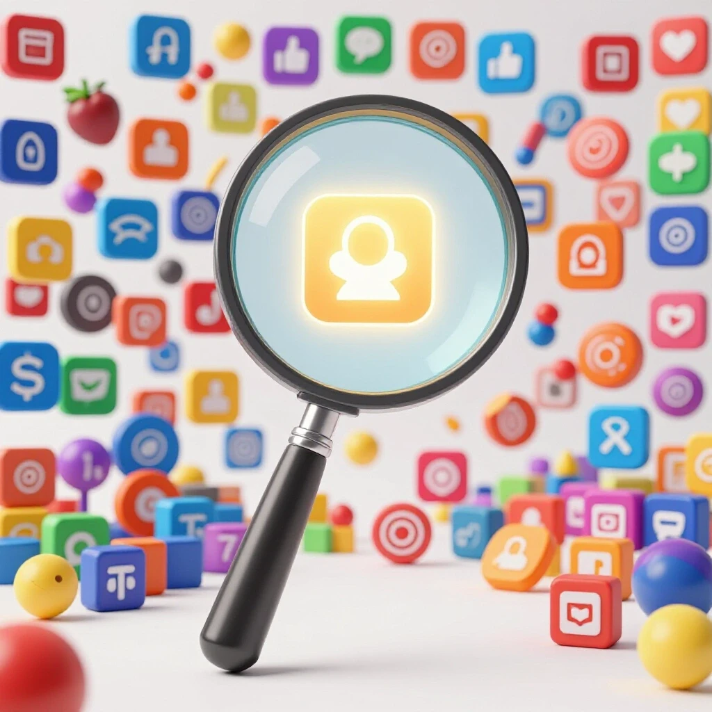 A magnifying glass over colorful social media icons, highlighting one profitable niche icon among them.