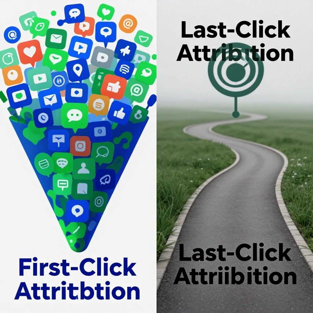 A visually striking split image depicting First-Click Attribution with a vibrant funnel and Last-Click Attribution as a subdued path, illustrating key marketing concepts.