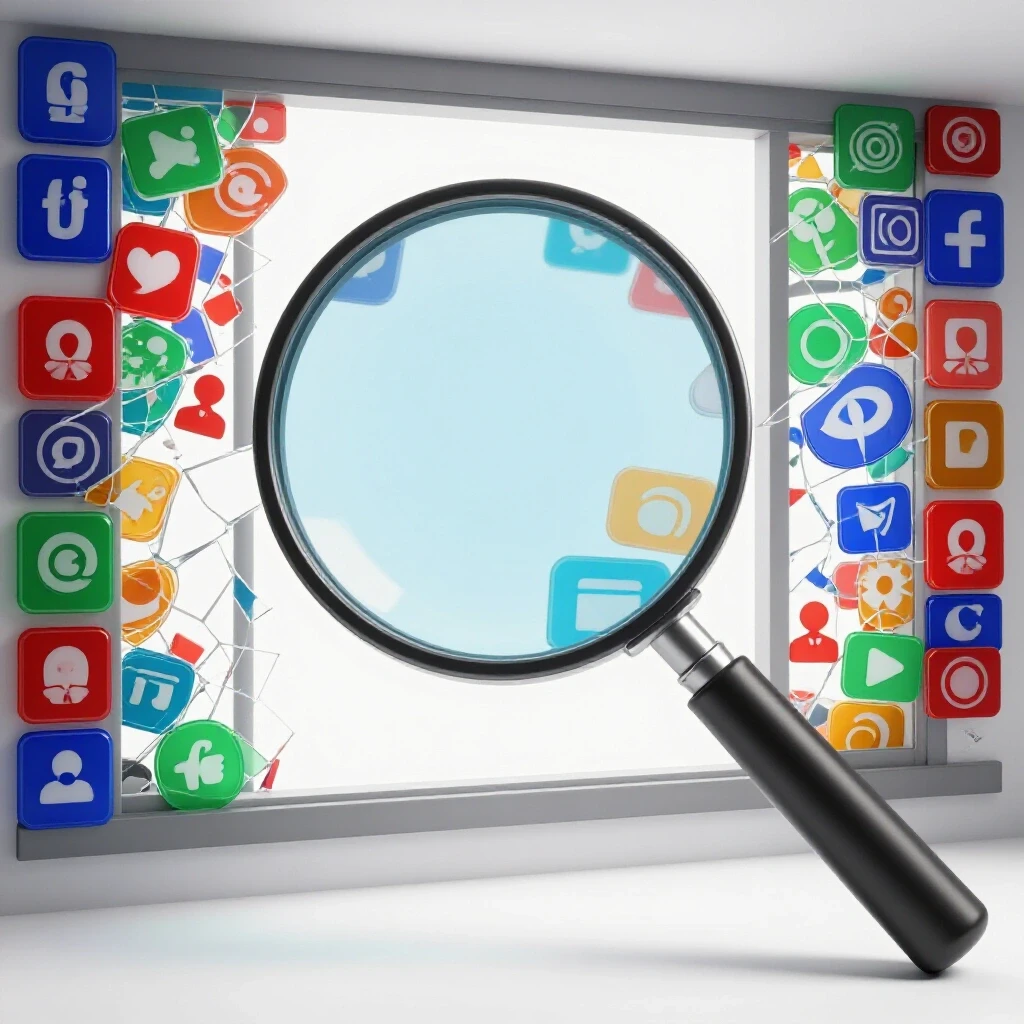 A magnifying glass over colorful, fragmented social media icons representing attribution issues.