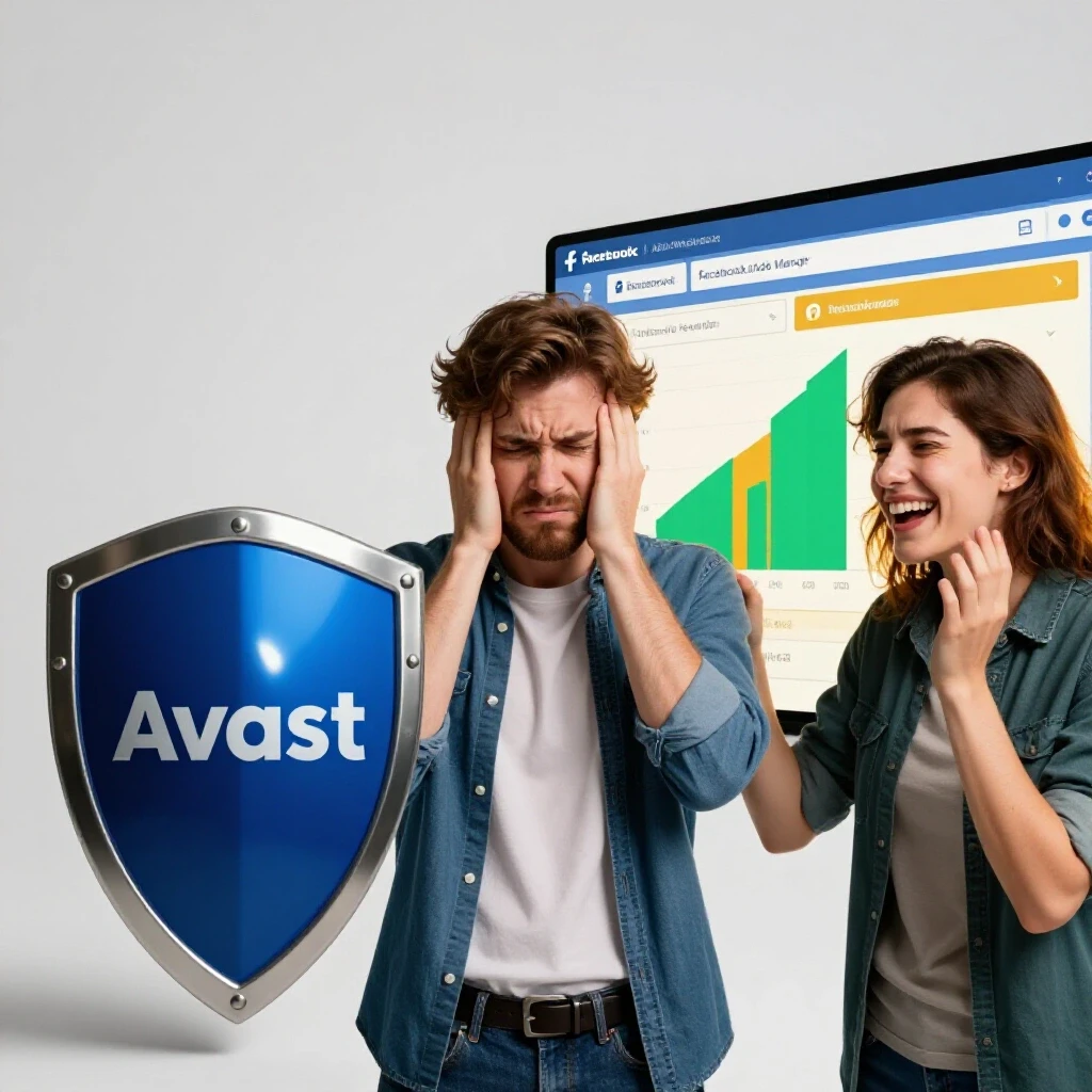 A split image showing a person confronting a metallic shield representing Avast on one side and using a colorful Facebook Ads Manager interface on the other.