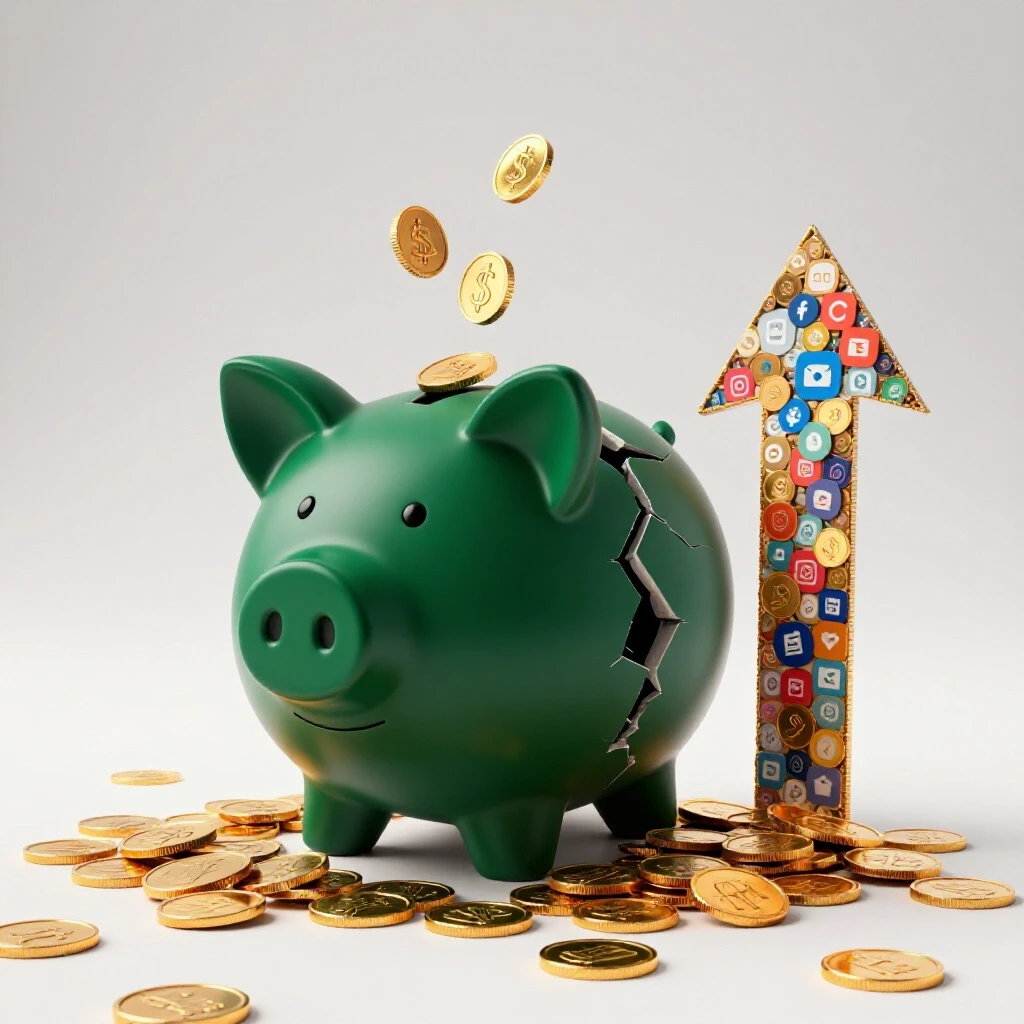 A cracked piggy bank spilling coins alongside a vibrant arrow made of social media icons, symbolizing growth.