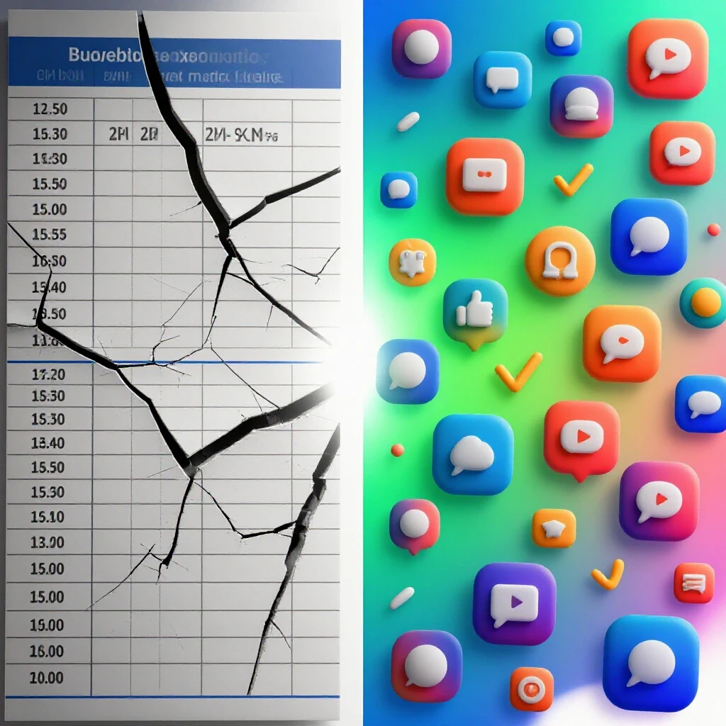A visually striking split image showing a cracked scorecard on the left and vibrant social media icons on the right, symbolizing ad performance transformation.