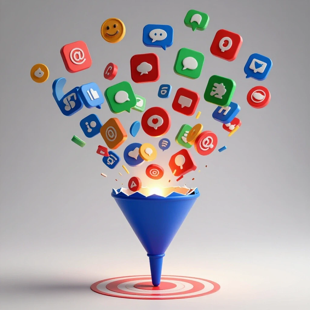 A shattered funnel spilling colorful social media icons alongside a functional funnel channeling vibrant content.