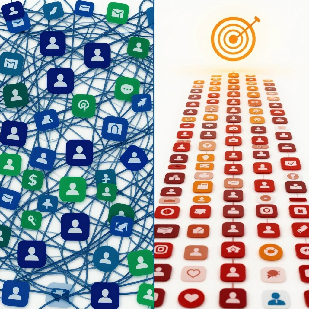 A split-screen image showing confusion with tangled social media icons on the left and a clear pathway to success on the right.