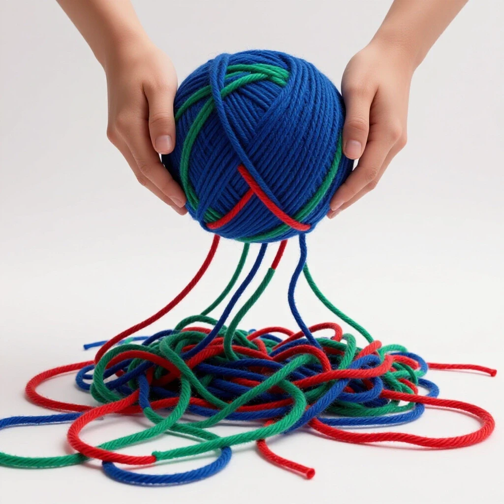 A tangled ball of yarn being unwound, symbolizing simplification of complex social media ad campaigns.