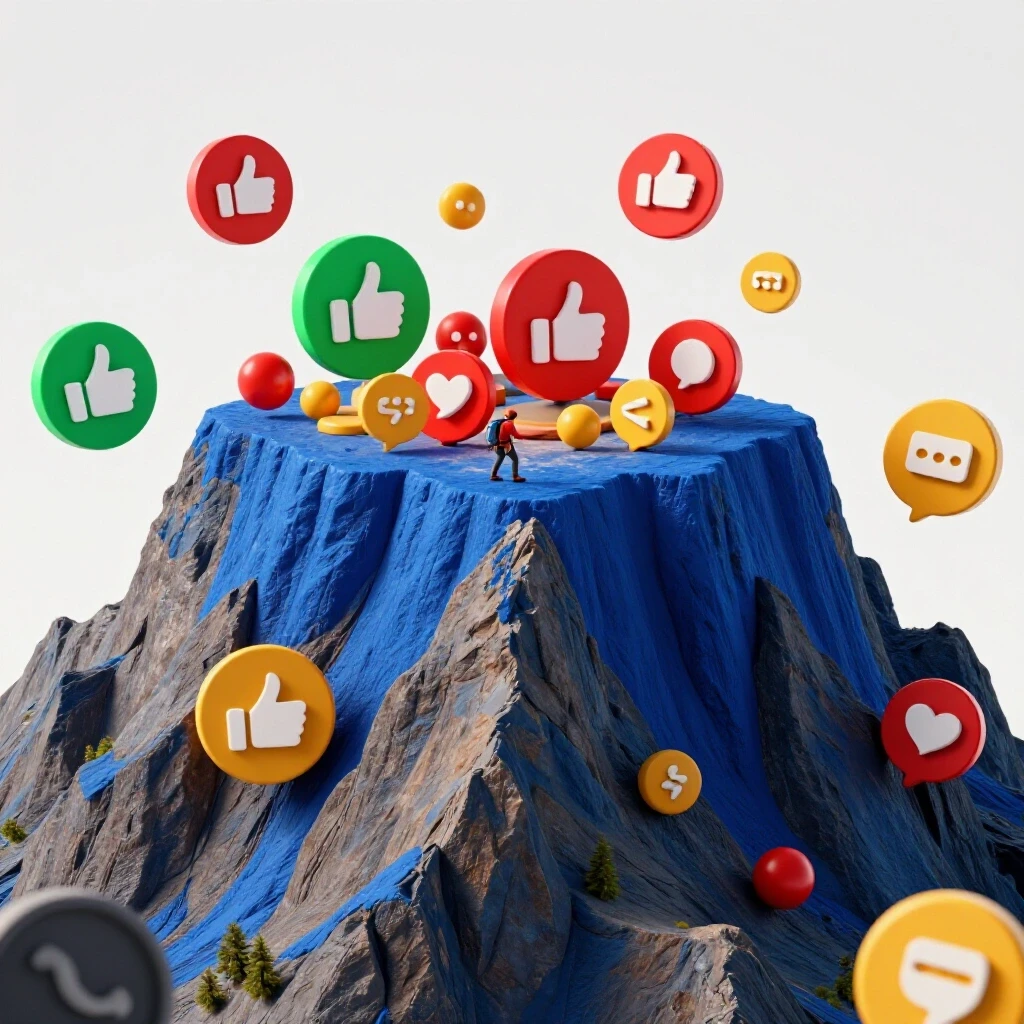 A vibrant depiction of a mountain with social media icons on a plateau, symbolizing overcoming growth plateaus.