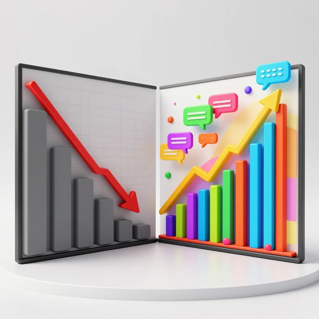 A split-screen image illustrating declining live stream performance on one side and successful engagement on the other with vibrant colors.