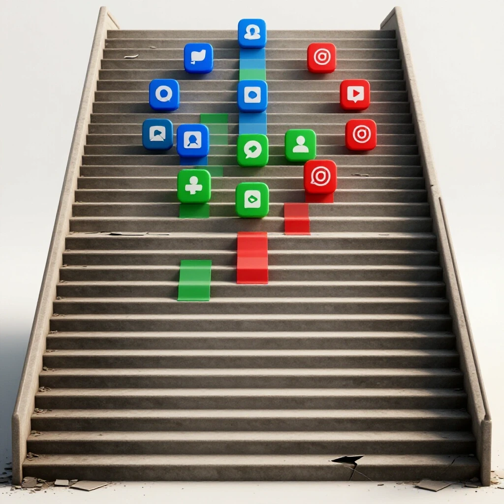 A crumbling staircase leading upwards with vibrant social media icons at the top, symbolizing recovery and growth in conversions.