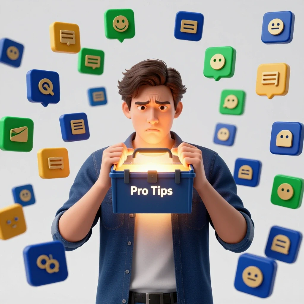 A frustrated marketer surrounded by chaotic ad icons with a glowing toolbox labeled 'Pro Tips' symbolizing solutions.
