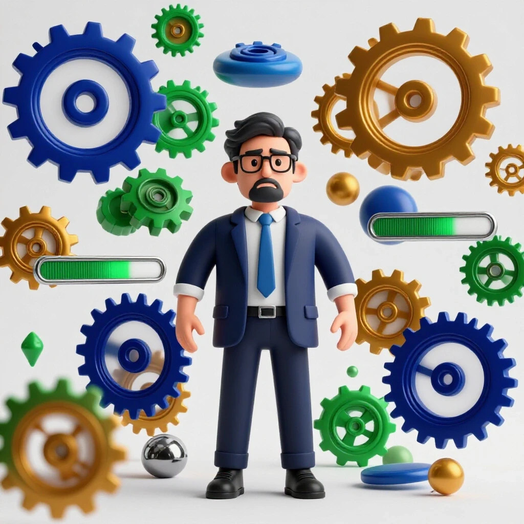 A depiction of a frustrated marketer amidst chaotic digital elements and a clear path to the Facebook logo, symbolizing resolution.