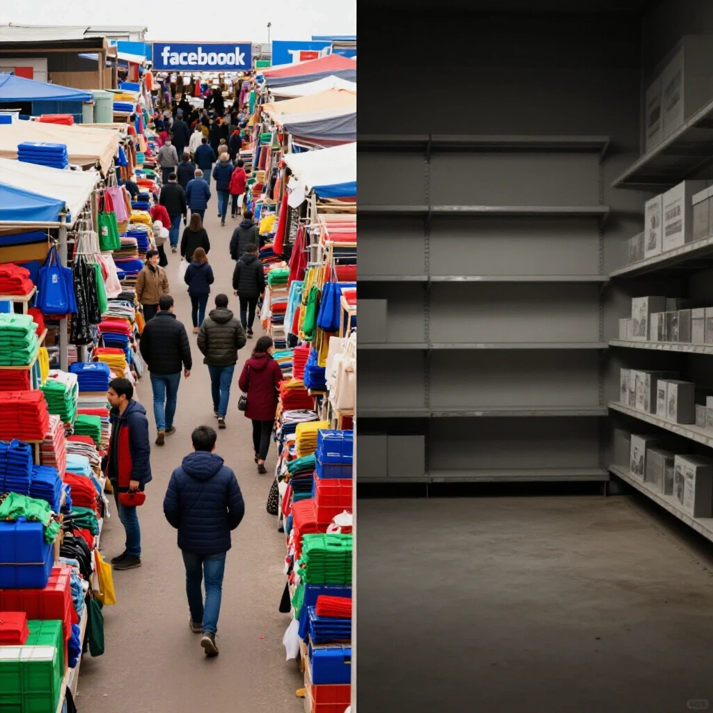 A split image showing a vibrant Facebook marketplace with colorful products on one side and a barren, dimly lit area on the other.