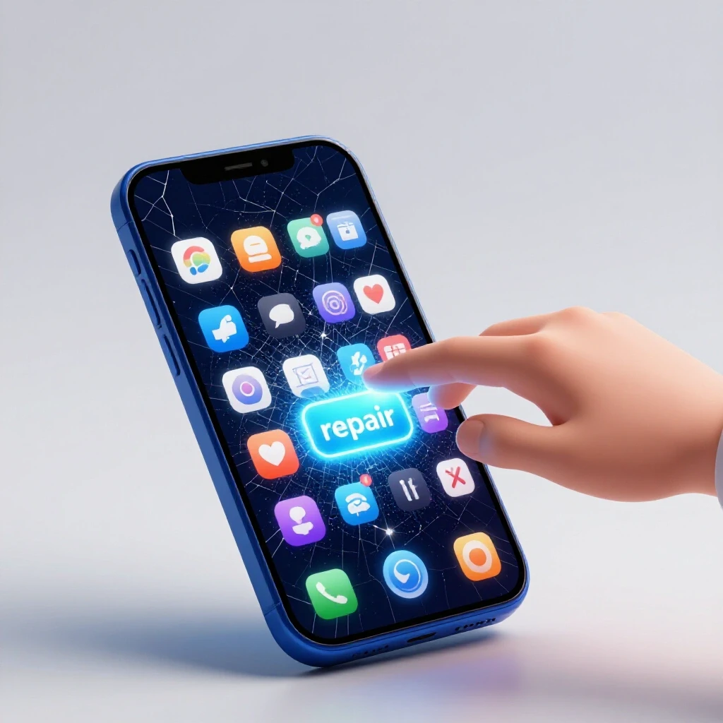A cracked smartphone screen showing social media app icons with a hand reaching for a glowing repair button.