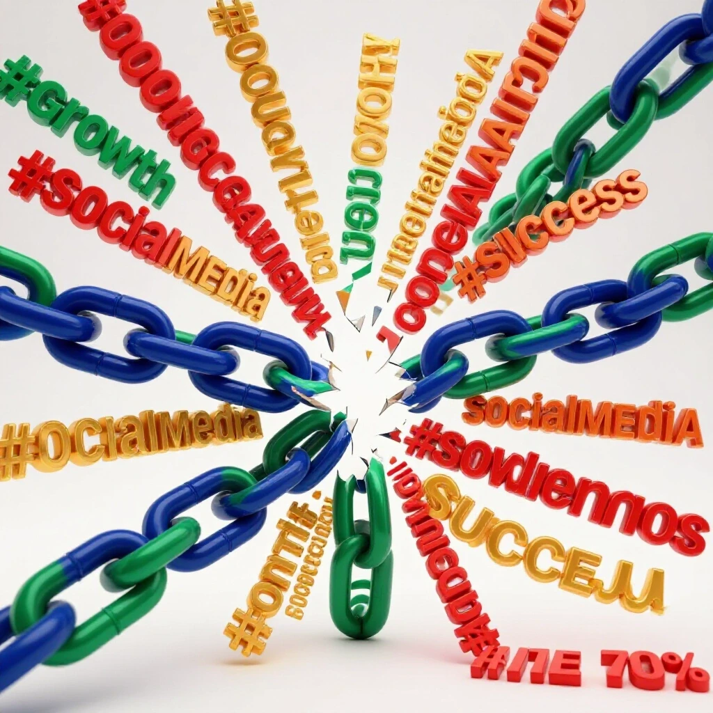 A broken chain link with vibrant hashtags emerging from it, symbolizing overcoming social media restrictions.