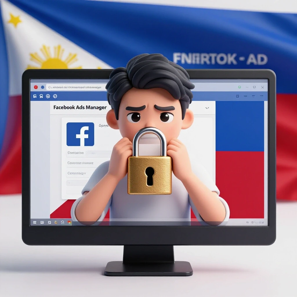 Locked Facebook Ads Manager interface with symbols of frustration and the Philippine flag in the background.