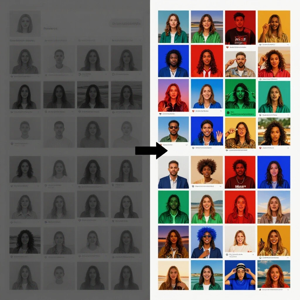 A visual comparison showing a dull social media feed transforming into a vibrant one filled with colorful graphics and interactions.