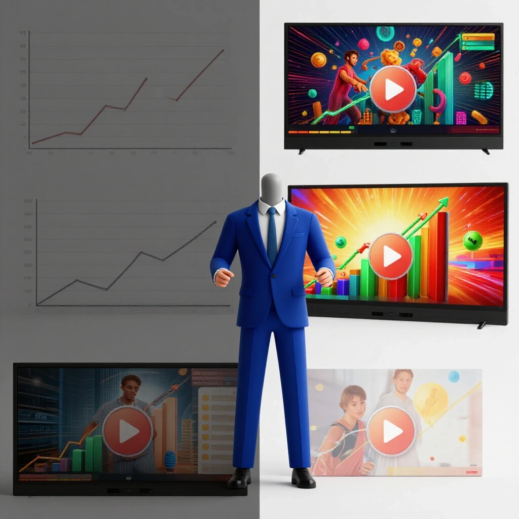 A visual comparison of a low-performing video ad with a dull graph on the left and a vibrant, engaging ad with a soaring graph on the right.