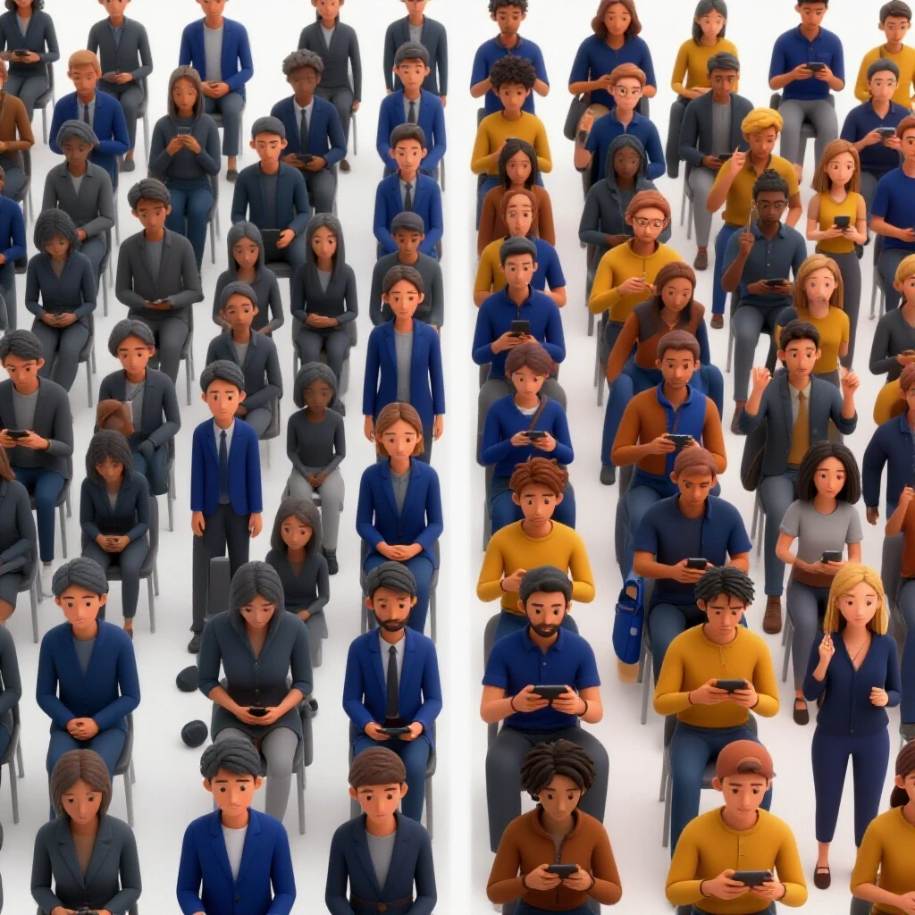 A split scene showing a dull gray crowd on one side and a vibrant engaged group on the other, illustrating the transformation of social media audiences.