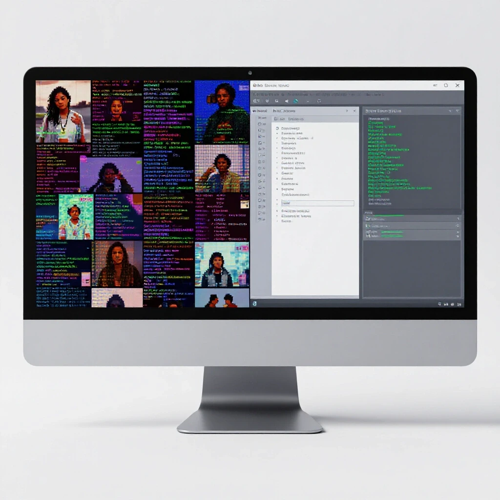 A split image of a computer screen showing disarray of pixelated errors on one side and a neat interface for corrections on the other.