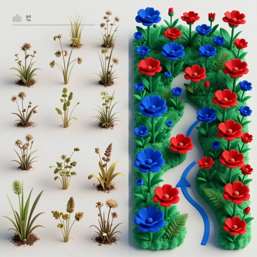 A vibrant versus dull social media feed depicting growth with contrasting flowers and plants.