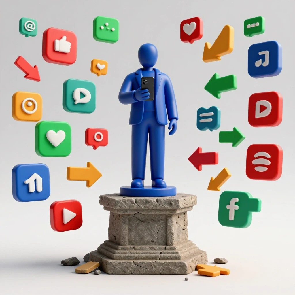 A statue holding a smartphone on a crumbling pedestal, surrounded by vibrant social media icons and arrows, depicting authority challenges.