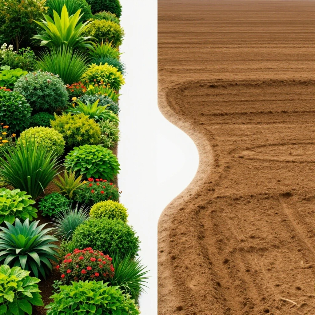 A vibrant split-screen image showing a flourishing garden on one side and a barren landscape on the other, symbolizing lead nurture gaps.