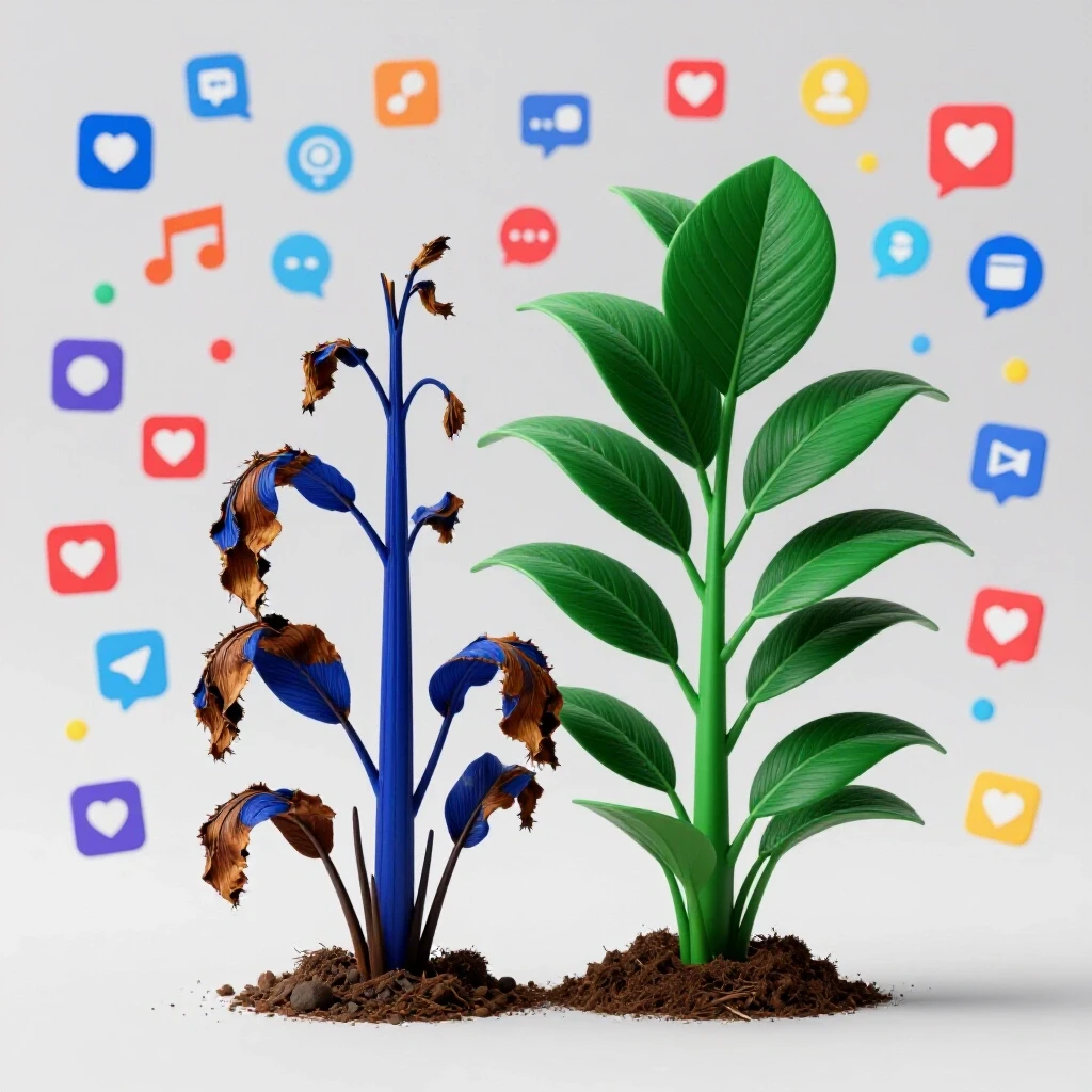 A vibrant plant contrasts with a wilted plant, symbolizing creative rejuvenation in social media ad performance.