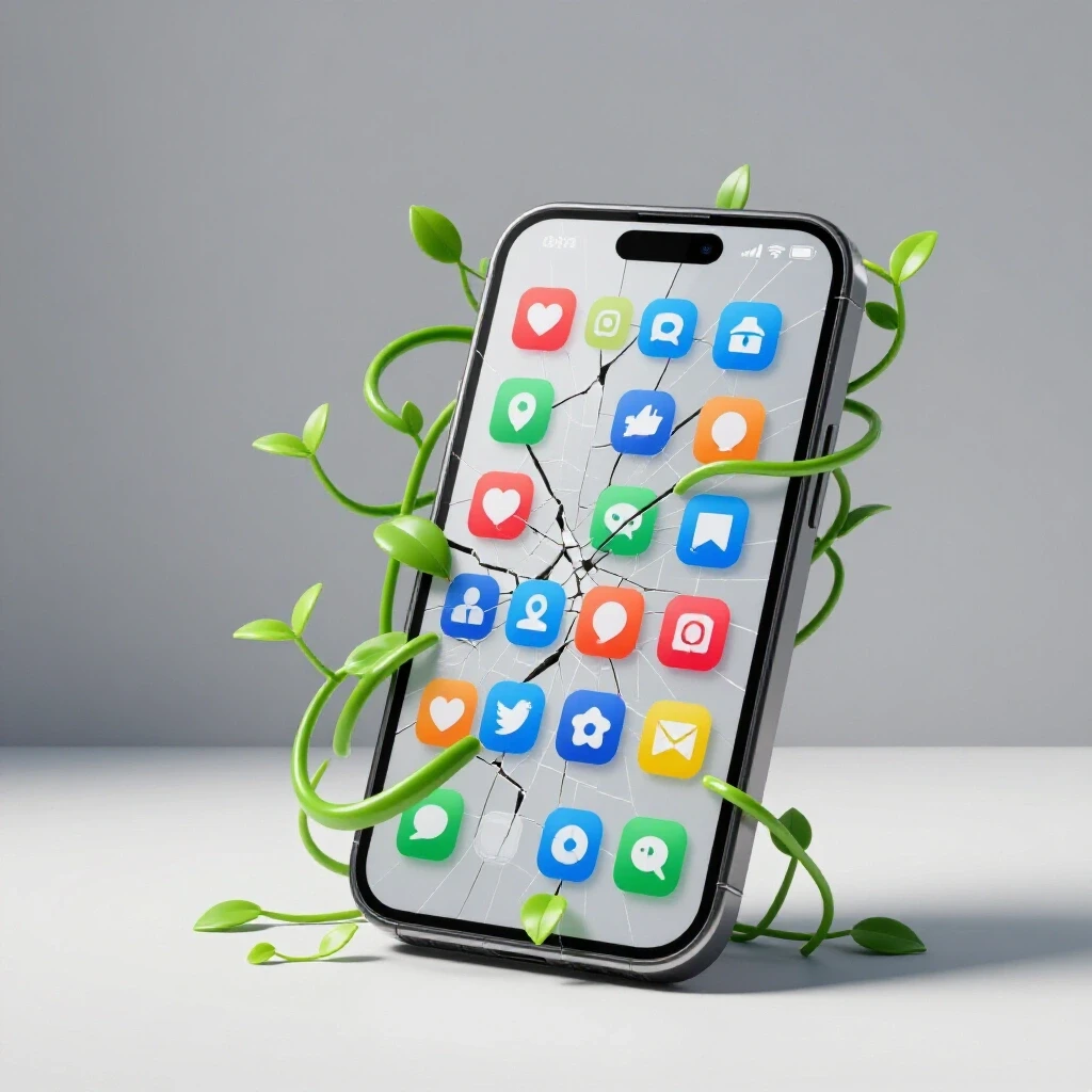 A cracked smartphone screen with social media icons and green vines emerging, symbolizing growth in challenges.