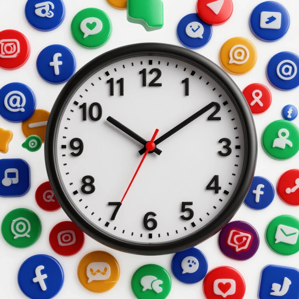 A broken clock surrounded by vibrant social media icons, illustrating the theme of time management and scheduling optimization.