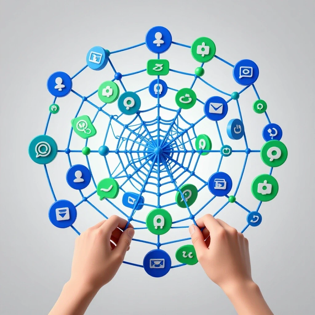 A pair of hands meticulously untangling a vibrant web of social media icons against a bright background, symbolizing tracking issue resolution.