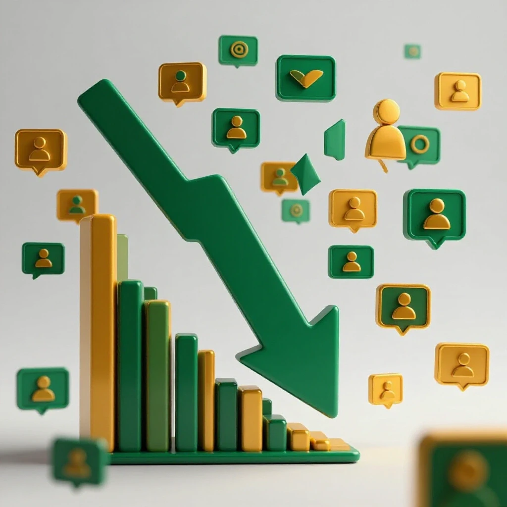 3D illustration of a downward arrow intertwined with vibrant upward-moving graphs and social media icons.