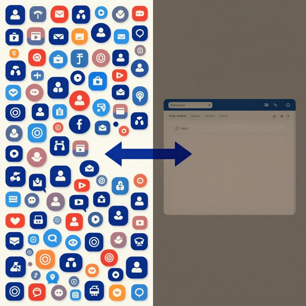 A visually striking split image contrasting a busy social media landscape with a stagnant web page, symbolizing the journey to enhance conversions.