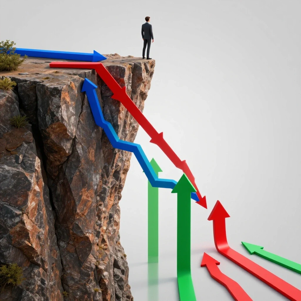 A person stands on a cliff's edge, viewing a plummeting graph and colorful arrows pointing upwards, symbolizing strategies to fix CTR drops.