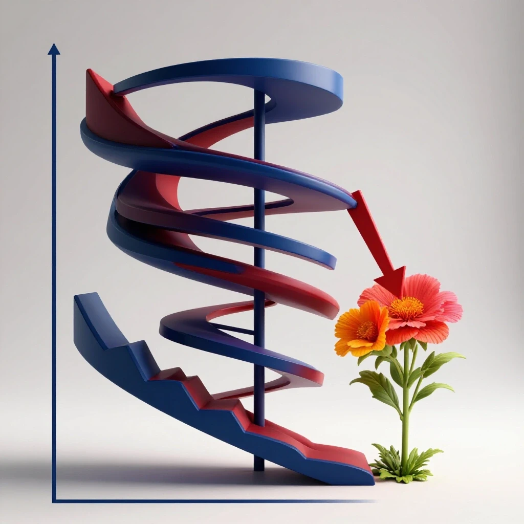 A downward spiraling graph transforming into a blooming flower, symbolizing growth from decline in engagement.