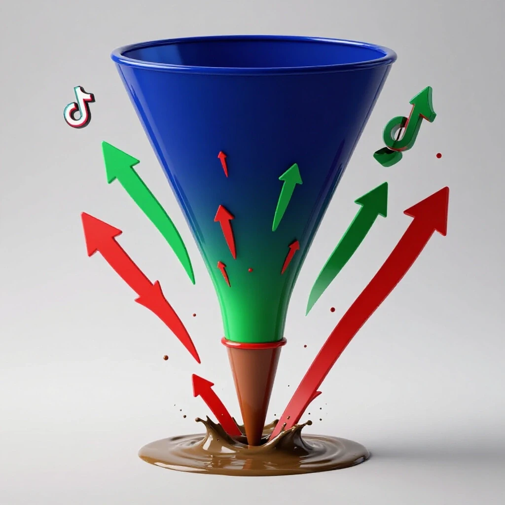A dynamic 3D funnel displaying vibrant colors at the top and murky shades below, accompanied by racing TikTok icons, illustrating ad performance improvement.