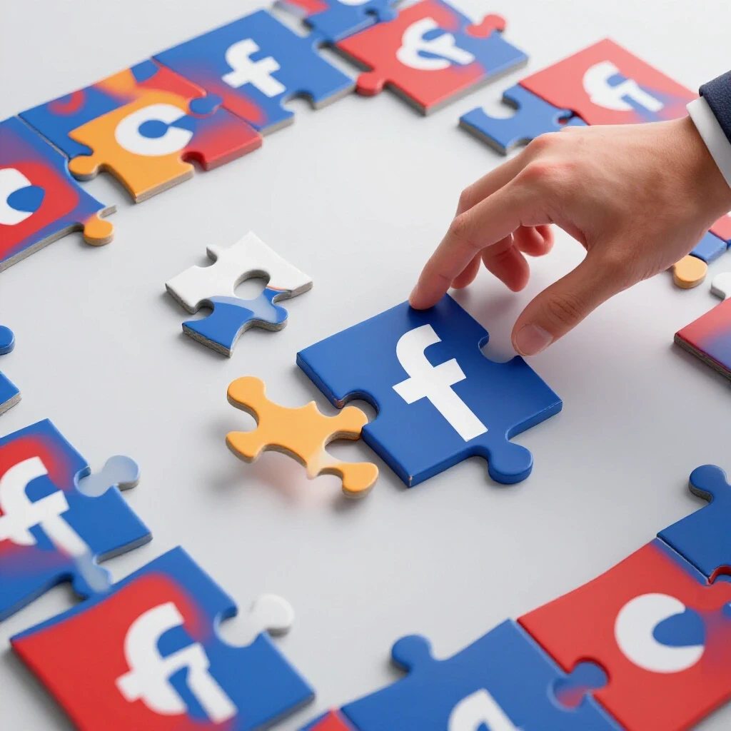 A broken puzzle piece in vibrant colors being matched with a Facebook logo puzzle by an expert's hand.